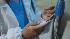 Woman doctor monitor Adjust the drip rate feed of saline dripping intravenous infusion to patient on bed. IV tube or intravenous infusion tube have Sodium Chloride Solution fine tune by doctor.
