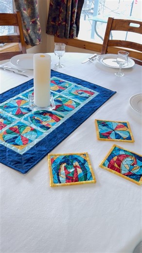 1.8K views · 34 reactions | Brighten the holidays with our new Nativity runner, table topper & coasters.Colourful stained glass designs bring shine and celebration to your holiday table. Made with the Nativity Blocks Panel, available in-store & online. | The Sugar Pine Company Quilt & Knit | Facebook