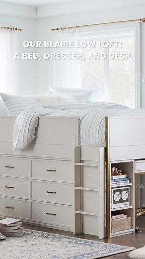 Say hello to the star of the show: our Blaire Low Loft Bed ⭐ All the shimmering gold details you know and love with the functionality of a bed, dresser, and desk.