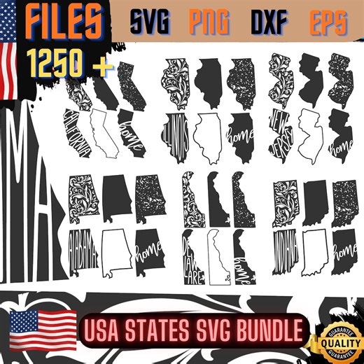 USA States Bundle, 50 States Map Files (svg, png, dxf, eps)