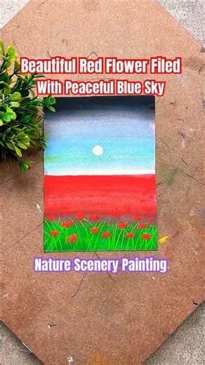 #beautiful Red Flower Field With Peaceful Blue Sky #nature Scenery 🌼☁️🎨 #art #drawing #shorts