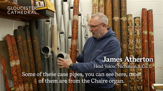 "Each of the pipes are a musical instrument in the own right, but each one is also a canvas for an artistic work as well" 🎵🎶 Progress on the Cathedral organ continues at the workshop in Malvern! Get an insight into how the remarkable 1666 Harris organ case pipes are being carefully restored and prepared to sing once again when they return to the Cathedral next year. | Gloucester Cathedral