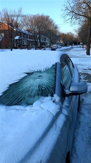 The video begins with shaky phone footage captured on a freezing winter morning. A car sits parked outside, its windshield completely coated in thick ice after an overnight freeze. Cold air is visible as breath while a woman approaches holding a container of steaming water. Frustrated by the frozen glass, she pours the boiling water directly onto the windshield. Almost immediately, a sharp cracking sound rings out. Fracture lines race across the glass in seconds, spreading outward as steam rises