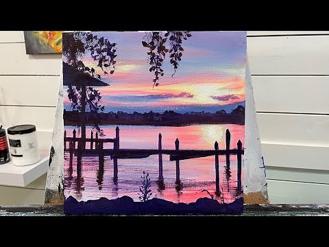 How To Paint SUNSET & DOCK | acrylic Painting Tutorial
