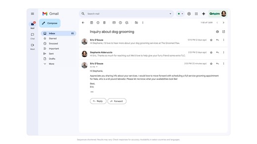 Soon Gemini in Gmail will help you draft emails with suggested replies that match your tone & context, stay organized with inbox cleanup, & book time with customers or clients faster with appointment scheduling—all without leaving your inbox. → https://goo.gle/4kcHUHE #GoogleIO | Google Workspace
