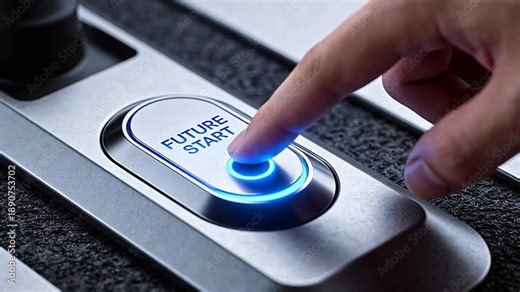 Hand pressing glowing button labeled future start