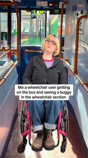 Eliza Rain 🏳️‍🌈 on Instagram: "Did you know that only one wheelchair user can fit on London buses at one time? And that if the parent or child is disabled then they don’t need to fold their buggy? #Access: Video description: Eliza a White fem wheelchair user with blonde hair is getting on the bus with a bus greenscreen image behind them. We then see Eliza dresses as a parent with grey short hair, they have a conversation explaining they are not able to fold their buggy. Another wheelchair user