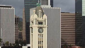 Close-up shot of Aloha Tower, a retired lighthouse that is considered one of the landmarks of the state of Hawaii in the United States.