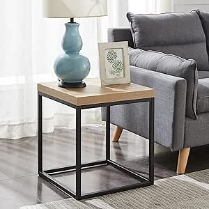CENSI 18-Inch Natural Oak Accent End Table/Side Table for Living Room, Modern Industrial, Square, Metal and Wood (Natural Wood)