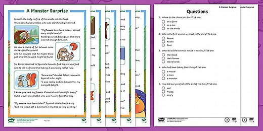 Year 2 A Monster Surprise Differentiated Reading Comprehension Activity
