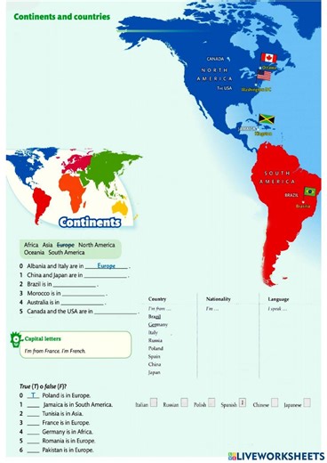 Countries and Natinalities interactive worksheet