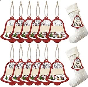 12 Pcs Name Tags for Christmas Stockings Wooden Stocking Labels Gift Tags Hanging Ornament Stocking Name Tags for Christmas Decorations (Jingle Bell Shape)