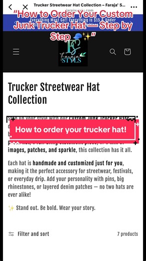 Link in Bio “Don’t just wear a hat, wear your personality! 😎 Here’s how to order your own custom junk hat!” #CustomTruckerHat #JunkHat #HowToOrder #CustomFashion #SmallBusinessLove #TruckerHatStyle #CustomHats #RhinestoneHat #BlingHat #DenimHat #FashionDIY #PersonalizedStyle #HandmadeWithLove #SupportSmallBusiness #FarajaStyls #CustomDesigns #HatTutorial #ShopWithMe #CustomCreation #BehindTheBrand #HowToBuy #ShopSmall #UniqueStyle #TrendingNow #CustomApparel #DesignYourOwn #CreativeStyle #OneOf