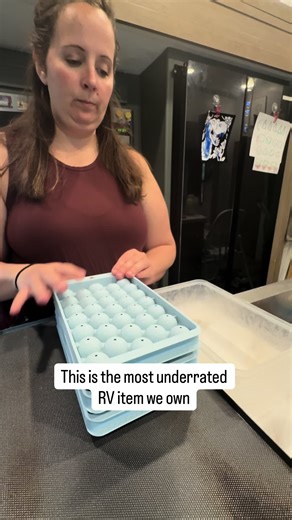 Most underrated RV item we own... RV ice. If you live in an RV or travel trailer, you know the freezer space is tiny and traditional ice trays are bulky and messy. This RV-friendly ice tray has been one of the simplest upgrades in our RV kitchen. It makes ice quickly, stores compactly, and keeps everything contained, which is huge when you're living in a small space and traveling down the road. Little RV hacks like this make everyday life on the road easier, especially for full-time RV families 