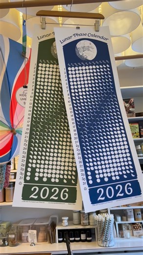 The 2026 Original Lunar Phase calendars have arrived! These beautifully graphic calendars are printed on 100 percent post consumer waste recycled fibre made from carbon neutral, renewable energy and printed with vegetable-based inks. This year, they come in a new, more minimal repurposable wrap with a small Lunar Phase Calendar bookmark. These calendars capture the waxing and waning cycles of the moon. Watch for the Perigee and Apogee of the moon! Follow the Super Moons! Track the tides! Find th