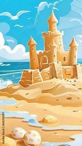 Cartoon sand castle, bucket and shovel at sea beach. Sand tower with seashells and flag. Children summer building activity vector concept. Sand castle on beach summer, tower house illustration
