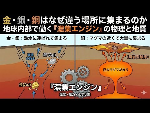 Why do gold, silver, and copper accumulate in different places? Physics and geology of the "conce...
