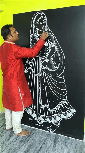 How to Draw a Beautiful Traditional Indian Lady | Chalk Art on Blackboard #shortvideo #drawing #art