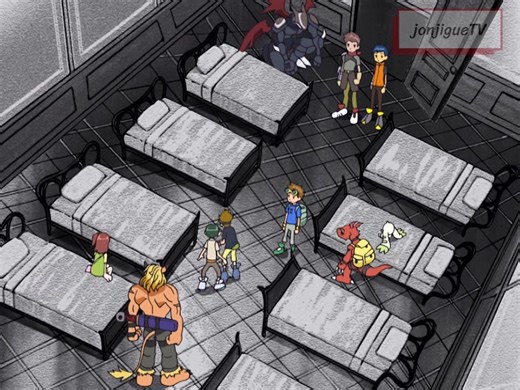 Digimon Tamers: Capítulo 29 - La mansión de los fantasmas #Anime Debido al transporte que tomaron Takato, Henry y los demás terminan en otro lugar, donde se encuentran con Hirokazu, Kenta, Ryo y Cyberdramon. Recorren ese lugar y solo se encuentran con unos digimon que se la pasan meciéndose. Calumon sale en busca de los chicos con el estandarte que Takato hizo a cuestas y se encuentra con un digimon con forma de perro que no hace más que molestarlo. Los tamers se hospedan en una mansión con cama