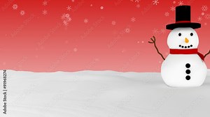 Snowman and snowing background - pan right. Christmas theme. Red background - see green screen variant if you want to change background color