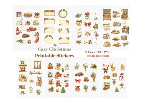 Cozy Christmas Printable Stickers | Winter Holiday Sticker Pack | A4 Size | 14 Pages | PDF & PNG | Instant Download - Etsy