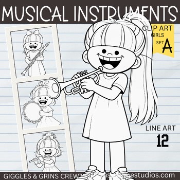 Kids Playing Instruments Clipart Line Art — Music Class, Band, Orchestra - GIRLS