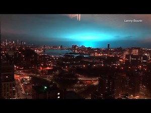 Transformer explosion causes New York skyline to turn blue