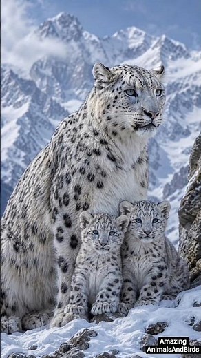 🔥 Rare Snow White Snow Leopard Family in Snowy Mountains | Mother with Two Cubs | Wildlife 4K