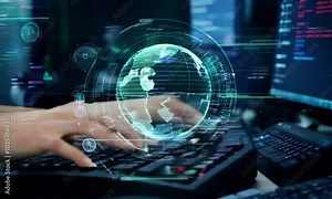 A hacker typing rapidly on a glowing keyboard, as code streams and digital particles fly around the screen.