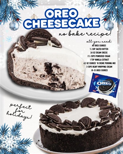 14K views · 115 reactions | This No Bake Oreo Cheesecake is a cookies-and-cream dream—creamy, fluffy, and loaded with Oreo goodness from top to bottom! You'll Need: 40 Oreo cookies ½ cup salted butter 24 oz cream cheese 1⅓ cups powdered sugar 1 tsp vanilla extract 4.2 oz cookies ‘n creme pudding mix 3 cups heavy whipping cream 10–15 Oreo cookies | Best Fall Recipes | Facebook