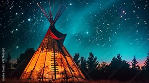 Beautiful indian teepee in the night sky with stars, Native american indian teepee at night with starry sky, AI Generated