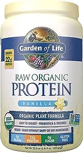 Garden of Life Raw Organic Protein Vanilla Powder, 20 Servings - Certified Vegan, Gluten Free, Organic, Non-GMO, Plant Based Sugar Free Protein Shake with Probiotics & Enzymes, 4g BCAAs, 22g Protein