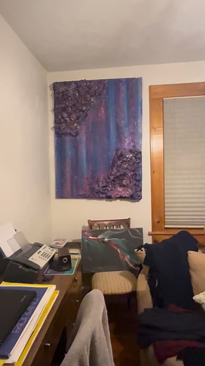 Spray foam art with textured glitter and acrylic spray paint on canvas measuring 48”x 62” hanging in my computer room few years now. Kept this one for me. | Angela J. Saca