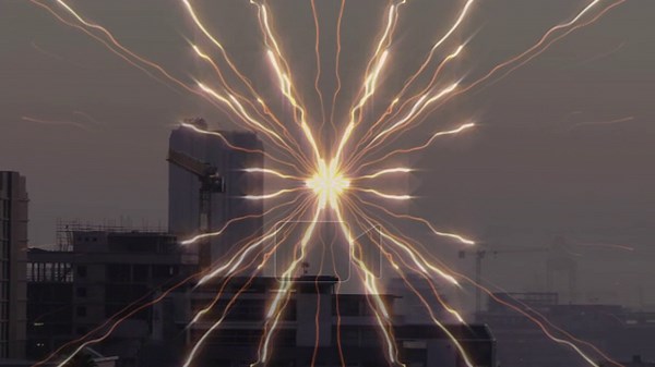 Central bright point appearing on rooftop, radiating lines, growing and pulsing to form light art. Luminescent, starburst, cityscape, cranes, haze, symmetry, abstract Stock Video Footage - Alamy