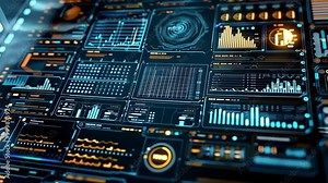 Futuristic computer interface is displaying brain activity data, showing various charts and graphs, visualizing the power of neurotechnology