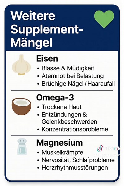 Viele unterschätzen, wie stark Supplement-Mängel den Körper beeinflussen können. Von Müdigkeit bis hin zu Herzrhythmusstörungen – die Signale sind oft eindeutig. 👉 Aber wichtig: Symptome können viele Ursachen haben. Eine sichere Diagnose liefert nur ein Bluttest beim Arzt! ⸻ #Gesundheitswissen #SupplementCheck #FaktencheckGesundheit #Nährstoffmangel #GesundBleiben