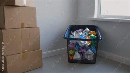 Stack of Cardboard Moving Boxes and Recycling Bin in Room.