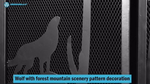 IRONWALLS Fireplace Screens Decorative, 44” (L) x 34”(H) 3-Panel Folding Fireplace Screen Black with Wolf Pattern, Free Standing Metal Fireplace Gate Fence Spark Guard for Baby Pet Safety