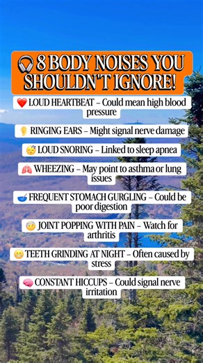 Your body's making some noise! 📢 Stop and listen. These 8 body sounds could be clues about underlying health issues like sleep apnea, arthritis, or even high blood pressure. Knowledge is power! #HealthFacts #BodySignals #PreventativeCare #MedicalFacts #WellnessJourney #HealthIsWealth #DidYouKnow #fblifestyle | James Michael