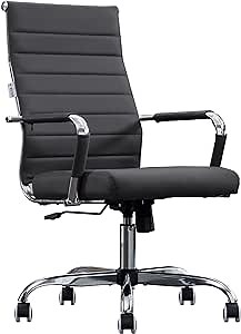 Home Office Chair Ribbed, Modern Leather Conference Room Chairs, Ergonomic Office Desk Chair, High Back Executive Computer Chair, Adjustable Swivel Chair with Arms (Black)
