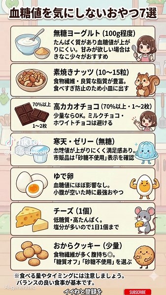 【神おやつ】血糖値を上げない！糖尿病・ダイエット中でも食べてOKな最強おやつ7選 🍫🥚✨ 「甘いものが食べたい…でも太るし血糖値が怖い🥺」 そんな方に朗報です！実は、選び方次第でおやつは「我慢」から「健康の味方」に変わるんです。 血糖値スパイクを防いで、空腹感も満たしてくれる**【最強のおやつリスト】**をまとめました💡 ▼ 罪悪感ゼロ！おやつ診断 🔍 🥚 ゆで卵：血糖値への影響ほぼナシ！最強の完全食。 🧀 チーズ：低糖質・高タンパク。小腹が空いた時の救世主。 🥜 素焼きナッツ：良質な脂質と食物繊維。小皿に出して食べすぎ防止！ 🍫 高カカオチョコ：カカオ70%以上を1〜2枚。ポリフェノールで血管ケア。 🥣 無糖ヨーグルト：タンパク質豊富で満足度バツグン。 🍮 無糖寒天・ゼリー：食物繊維でお腹スッキリ。 🍪 おからクッキー：腹持ち神レベル！水分と一緒に摂ってね。 「砂糖不使用」の落とし穴も見逃さないで！🚨 次のお買い物で迷わないように、右下のボタンから**【保存】**しておいてね🔖 ⚠️ 注意：本動画は情報提供を目的としています。治療中の方は医師の指示に従って