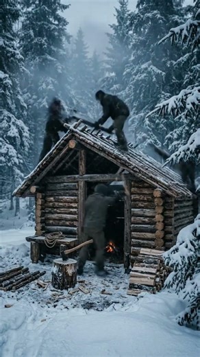 Rustic Cabin Build in the Snowy Woods #timelapse #survival #cabin #bushcraft