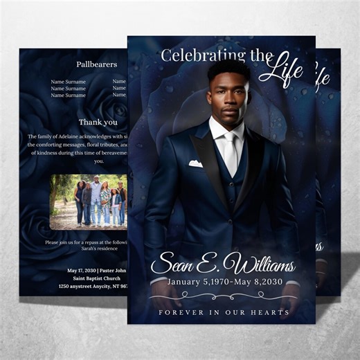 Blue Rose Funeral Program Template, 8-page Obituary (digital Download) - Etsy