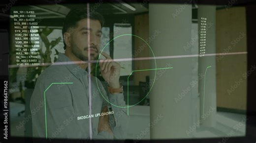 Office pro touching chin in tech office HUD appearing, BIOSCAN: UPLOADING reticle centering on face