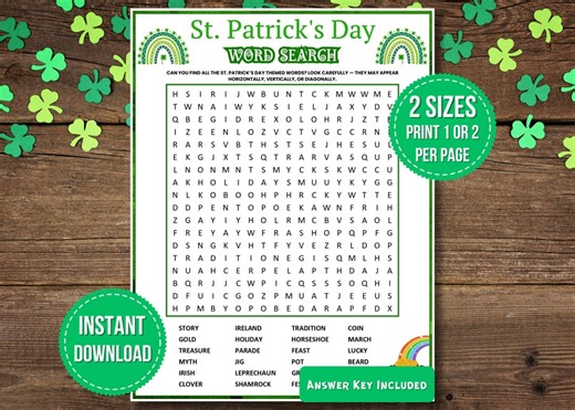 St. Patrick’s Day Word Search Printable | March Holiday Puzzle | Party Game for Classroom, Teens and Adults | Answer Key Included - Etsy