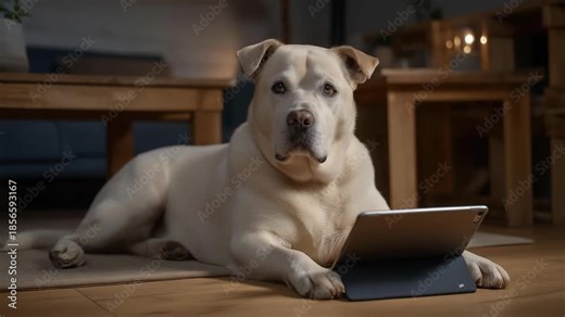 Modern, tech-driven animal shelter using digital tablets and cloud-based systems to monitor health data and adoption progress — representing innovation, efficiency, and the future of humane animal