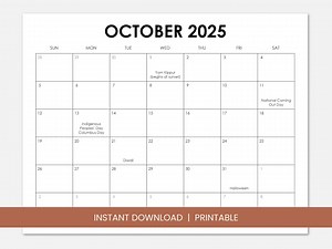 October 2025 Calendar With Holidays, Printable Dated October Monthly Calendar, Instant Digital Download PDF, Sunday Start, Monday Start - Etsy Canada