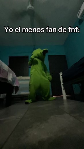 Dancing Green Creature Costume in Bedroom