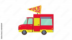 Food truck with slice of pizza icon animation best cartoon object on white background