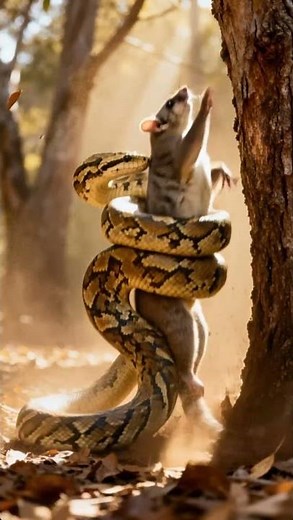 Can the possum slip out of the forest python’s deadly grip on the tree 🐍🐭❓ #python #possum
